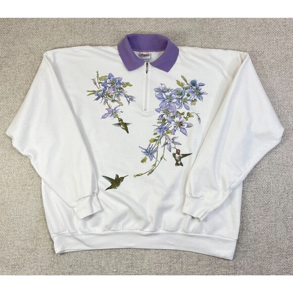 Vintage Hummingbird Sweatshirt 1/4 Zip Women's Size XXL 2XL White Purple Flower - Picture 1 of 8
